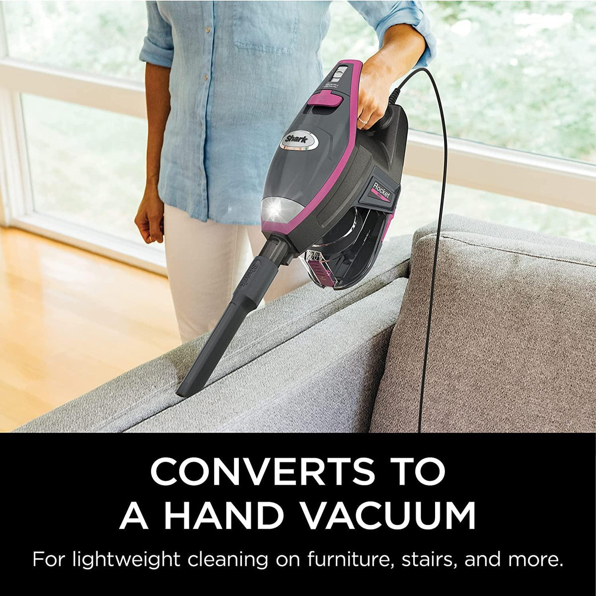 Shark HV371 Rocket Pro DLX Corded Stick, Removable Hand Vacuum, Advanced Swivel Steering, XL Cup, Crevice Tool, Upholstery Tool &amp; Anti-Allergen Dust Brush, Fuchsia, Capacity