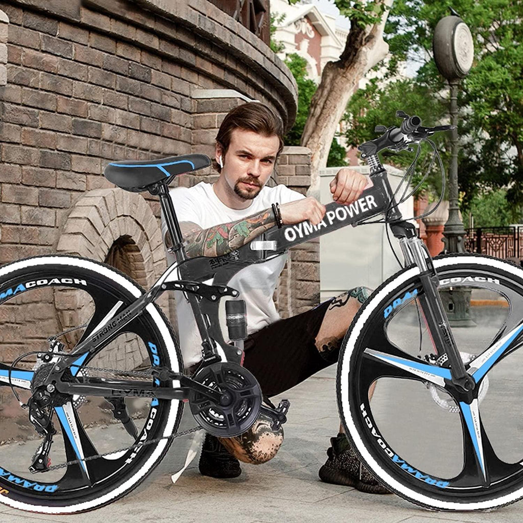 Folding Bike Mountain Bikes Adult Bike Trek Bike Dual Suspension High Carbon Steel 21 Speed Mountain Bike Disc Brakes 26 Inch Mountain Bike Men/Women Cruiser Bike (Blue)