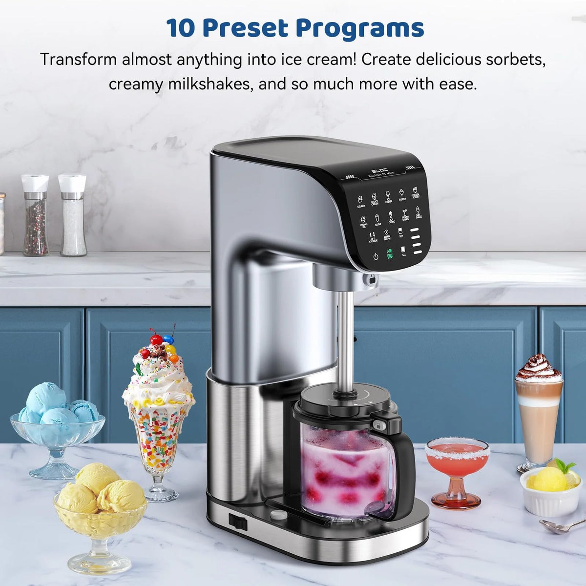 Ice Cream Maker with Brushless DC Motor, 10 Preset Programs Frozen Treat Machine with Integrated Shifting Shaft and Blade, Touchscreen Control Panel, Lift & Process Technology for Gelato, Sorbet