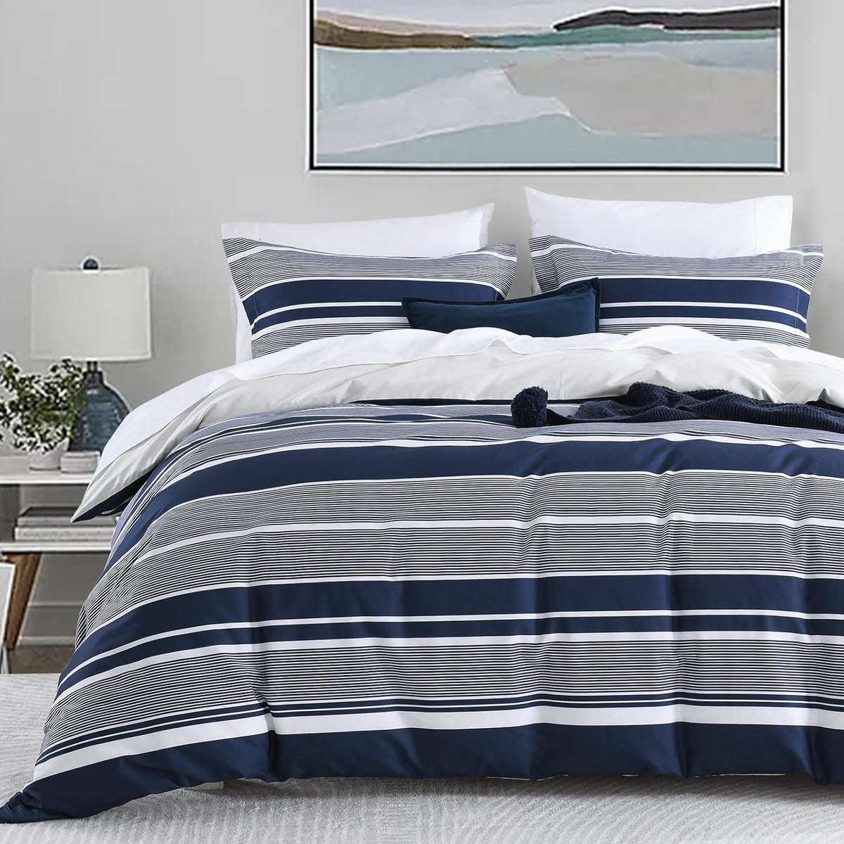 Bedduvit Navy Duvet Cover Queen - Cotton Duvet Cover Queen Size,3 Piece Percale Striped Duvet Cover Queen Sets,Simple Modern Queen Duvet Cover with Zipper Closure &amp; 8 Ties