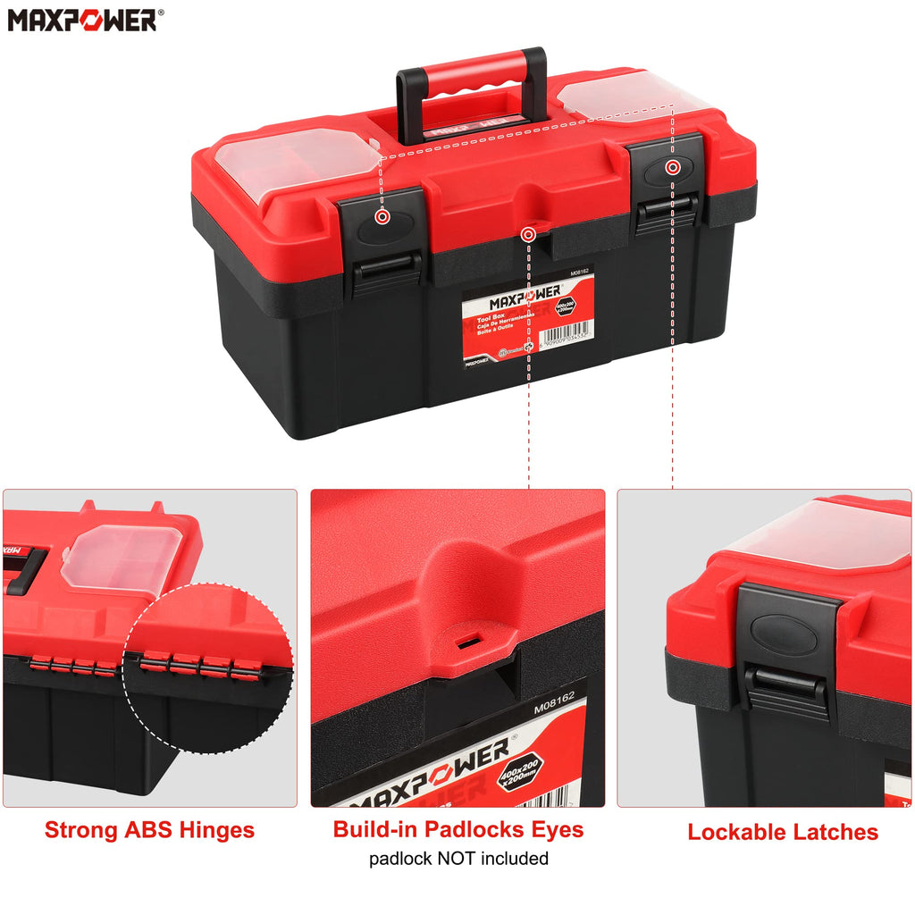 Tool Box 16 inch, Plastic Small Tool Box with Latch and Removable Tray, Lockable Toolbox for Home