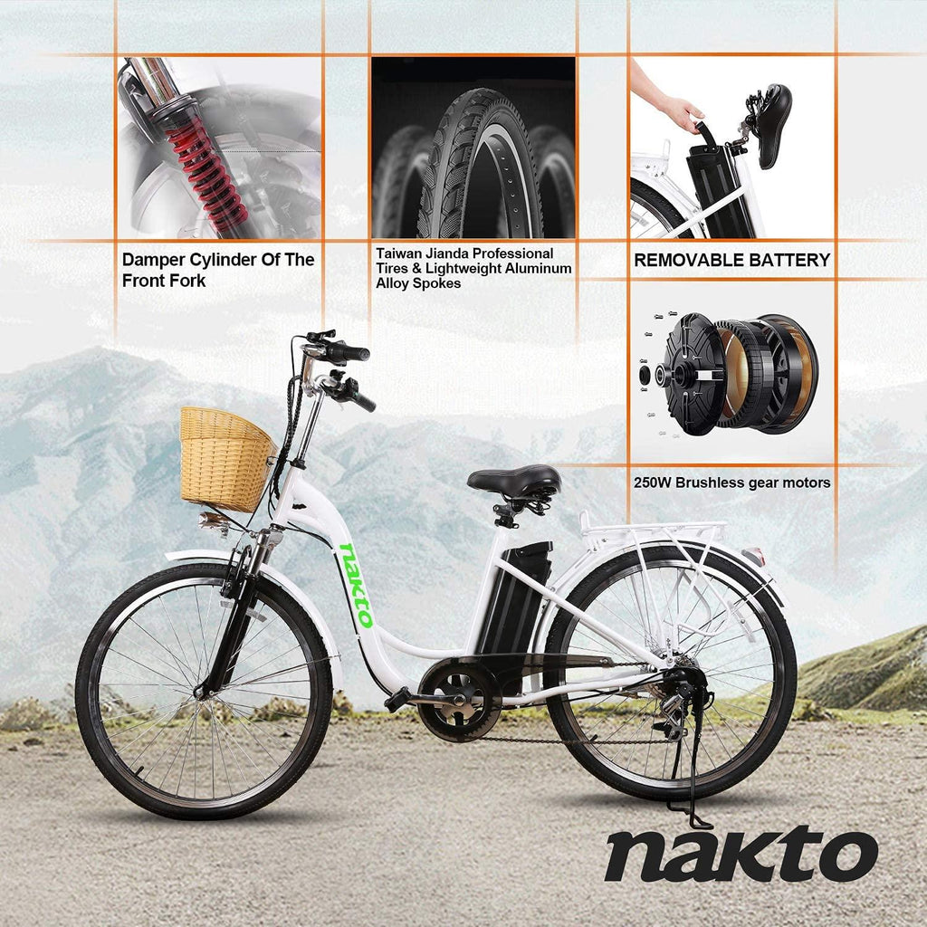 Electric Bike Adult Electric Biycle Assisted Bicycle for Female Men with Removable 250W36V LarCapacity Lithium Battery and Charger (26 Inches ebike) (Lady White)
