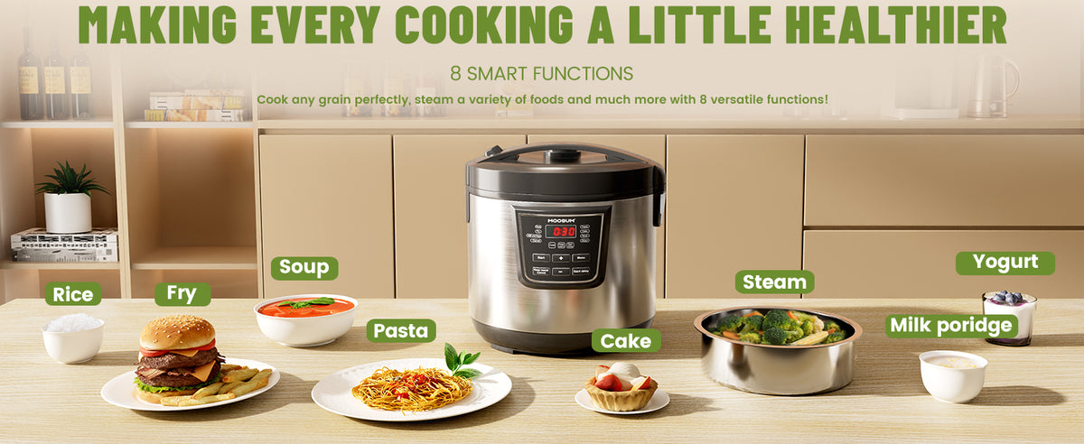 20 Cup Cooked (10 cup uncooked) Rice Cooker with 8 Functions, Healthy Coo Steel Pot & Steamer, Removable Inner Cover,  Steel Silver