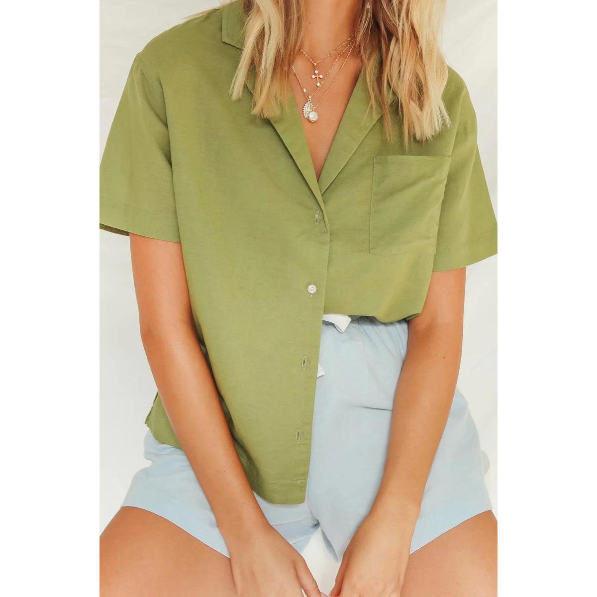 vintage turn down collar short sleeve blouse