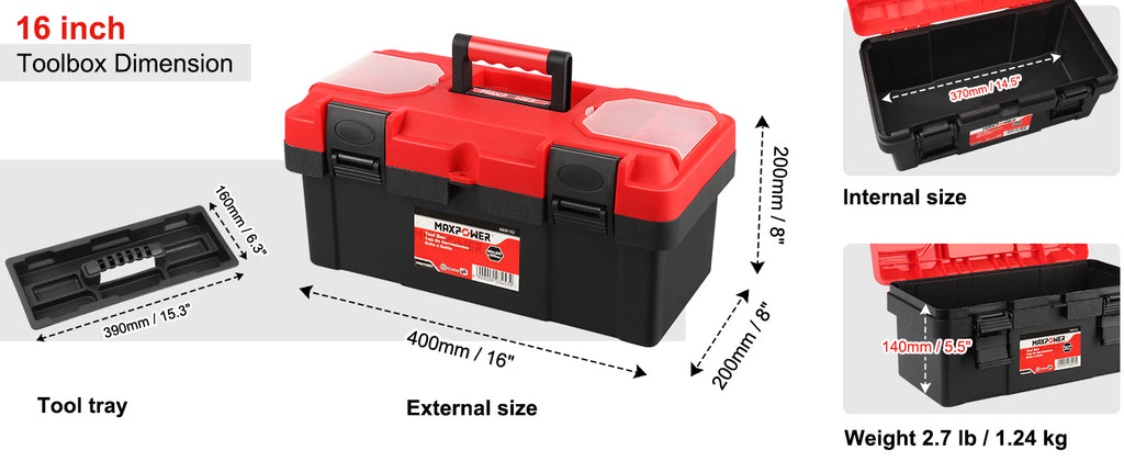 Tool Box 16 inch, Plastic Small Tool Box with Latch and Removable Tray, Lockable Toolbox for Home