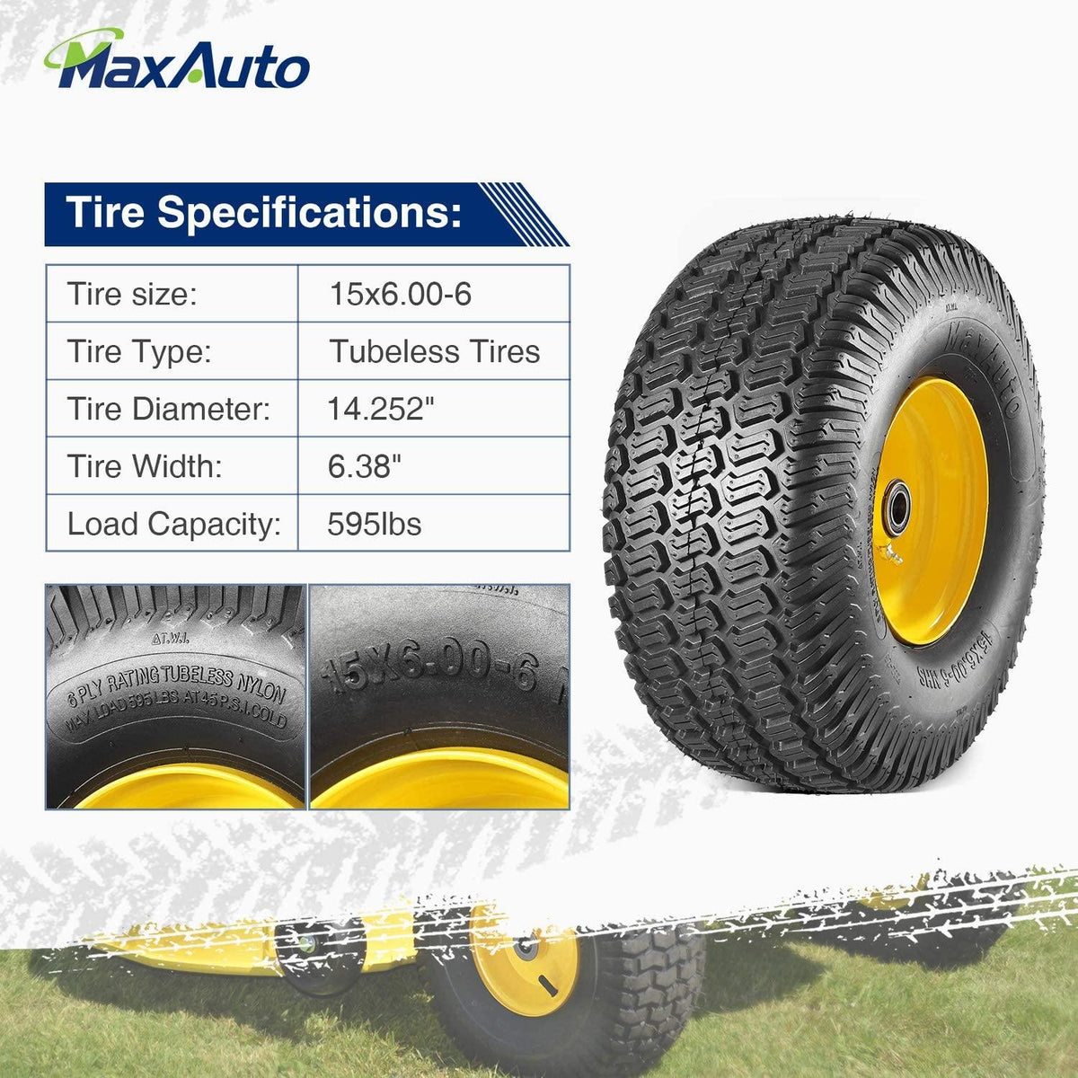 MaxAuto 2 Pcs Lawn Mower Tires 15x6.00-6 with Wheel for Riding Mowers, 3" Offset Hub Long with 3/4" bearings(WILL NOT FIT ON TRAILERS)