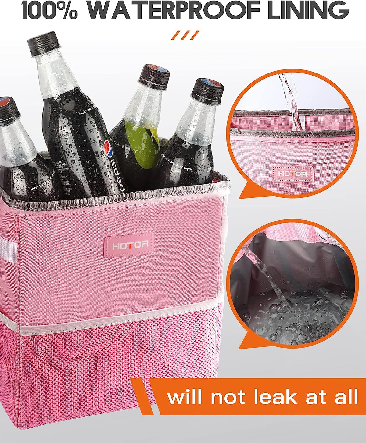 HOTOR Car Trash Can, 3-Gallon Ultra-Large Car Garbage Can, 100% Leakproof &amp; Waterproof Trash Can for Car, Multipurpose Car Trash Bin with Adjustable Straps, Magnetic Buckles, Mesh Pockets (Pink)