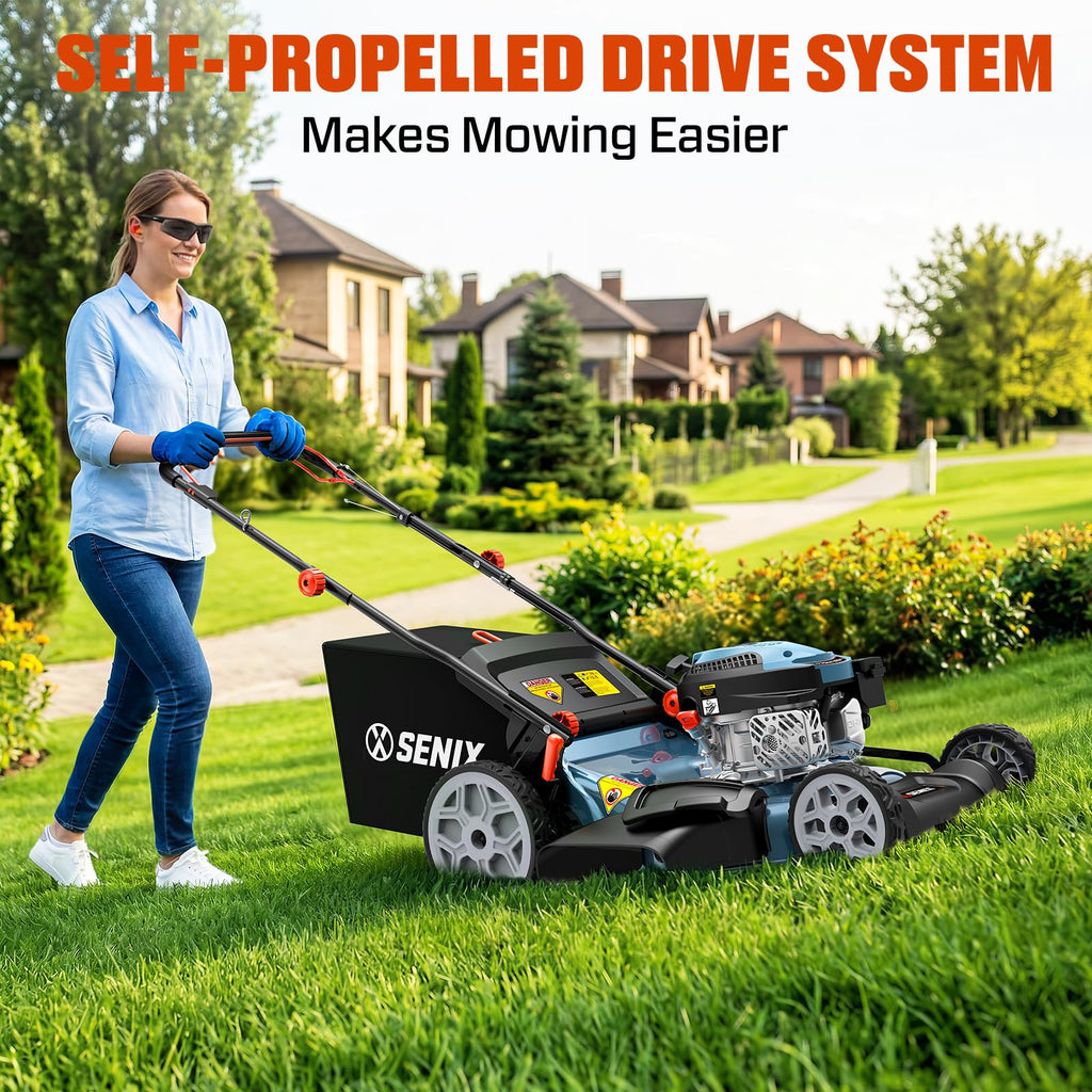 22 Inch 3-in-1 Gas Lawn Mower, 201cc Rear Wheel Single Speed Self-Propelled Mower, 4-Cycle Engine, Steel Deck, Mulching, Bagging, Discharging, 6-Position Cutting Height Adjustable, for Yard