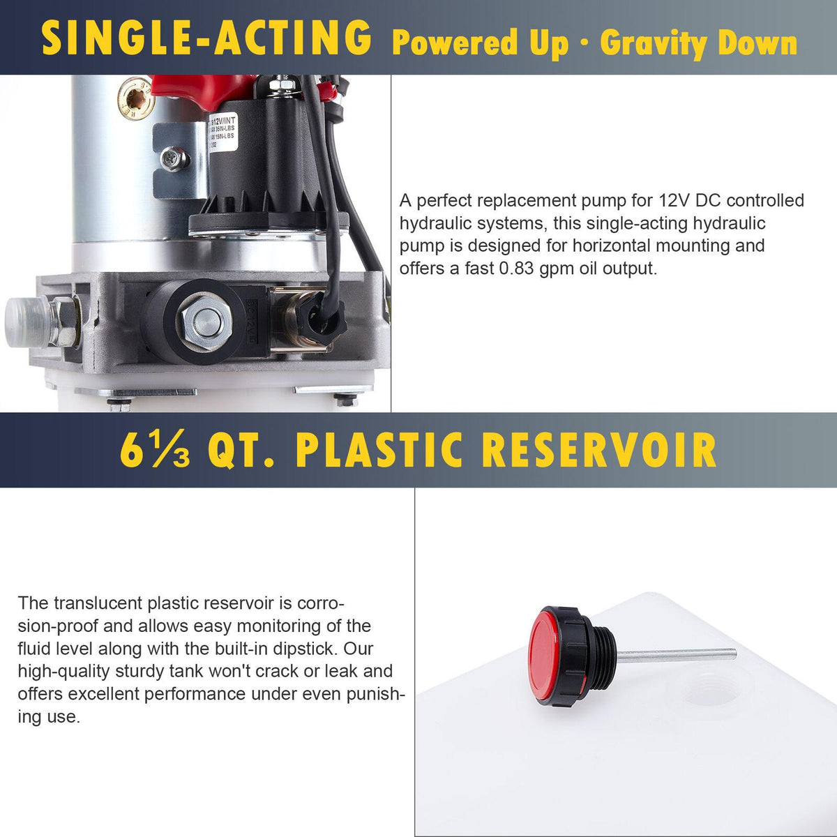 Single Acting 6qt 12V Hydraulic Pump for Truck Winches Plows RVs Tow Booms More