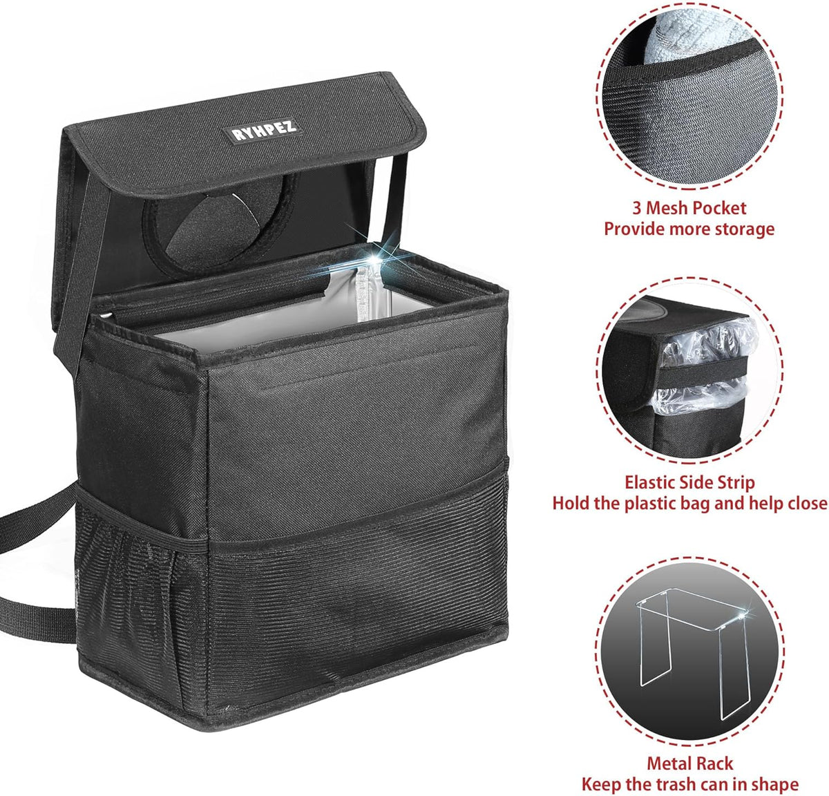 Ryhpez Car Trash Can with Lid - Car Trash Bag Hanging with Storage Pockets Collapsible and Portable Car Garbage Can with Metal Rack Support