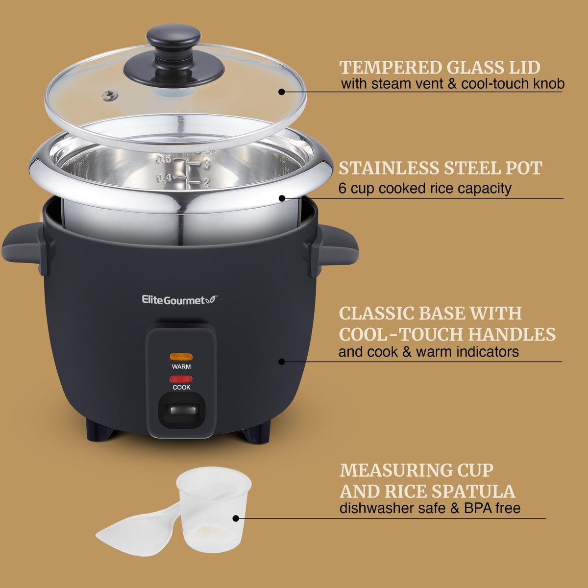 ERC006SS 6-Cup Electric Rice Cooker with  Steel Inner Pot, Makes Soups, Stews, Porridges, Grains and Cereals, 6 cup (3 cups uncooked), Black