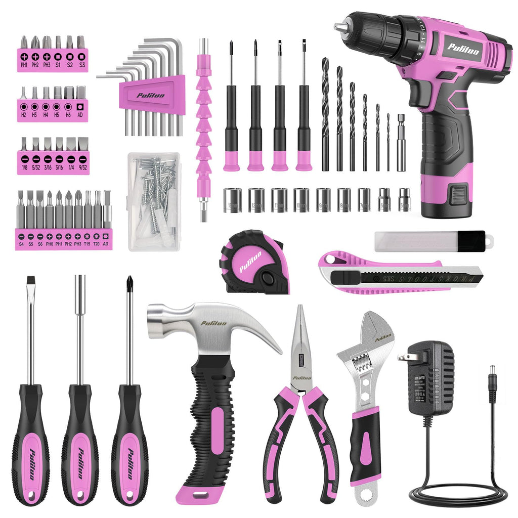 Drill Set, 149-Piece Home Tool Set with 12V Pink Cordless Drill, Tool Box, Hand Tool Kits for Women & Men and DIY Enthusiasts, for Home Improvement