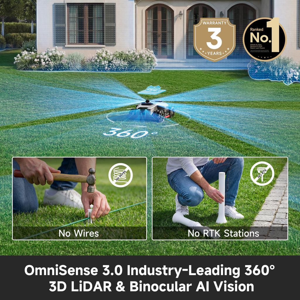 (Latest Upgrade)  A3 AWD 1000 Robot Lawn Mower, 360° 3D LiDAR &amp; AI Dual Vision Smart Robotic Mower for 0.25 Acre, 80% Slopes &amp; 45min Fast Charfor Homeowners with Large/Steep Lawns