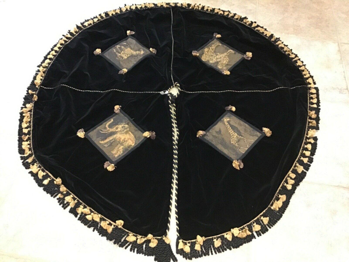 Black Velvet Safari Series Gold Accent Christmas Tree Skirt with Tassels 57"