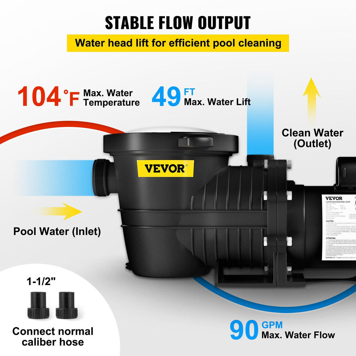 vevor swimming pool pump in/above ground pool pump 1.5 hp 90 gpm w/ strainer