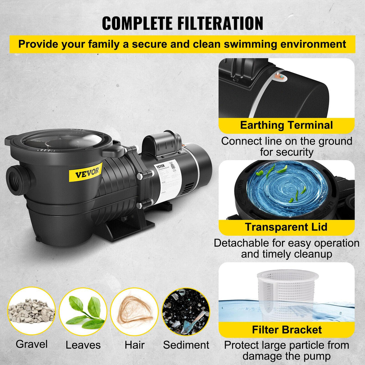 vevor swimming pool pump in/above ground pool pump 1.5 hp 90 gpm w/ strainer