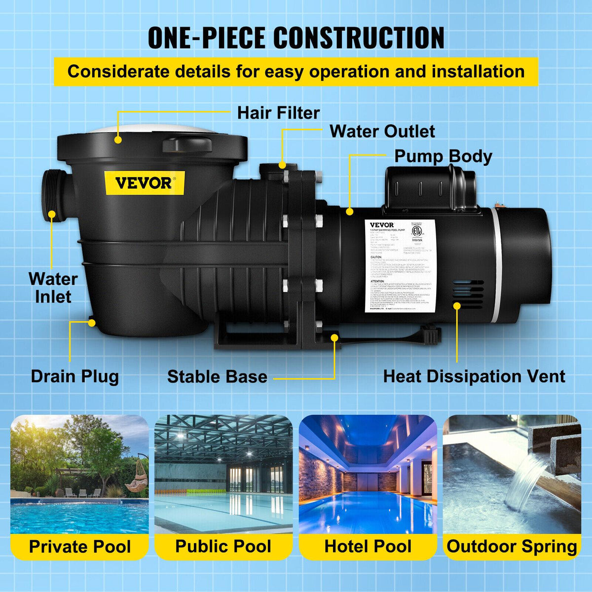 vevor swimming pool pump in/above ground pool pump 1.5 hp 90 gpm w/ strainer