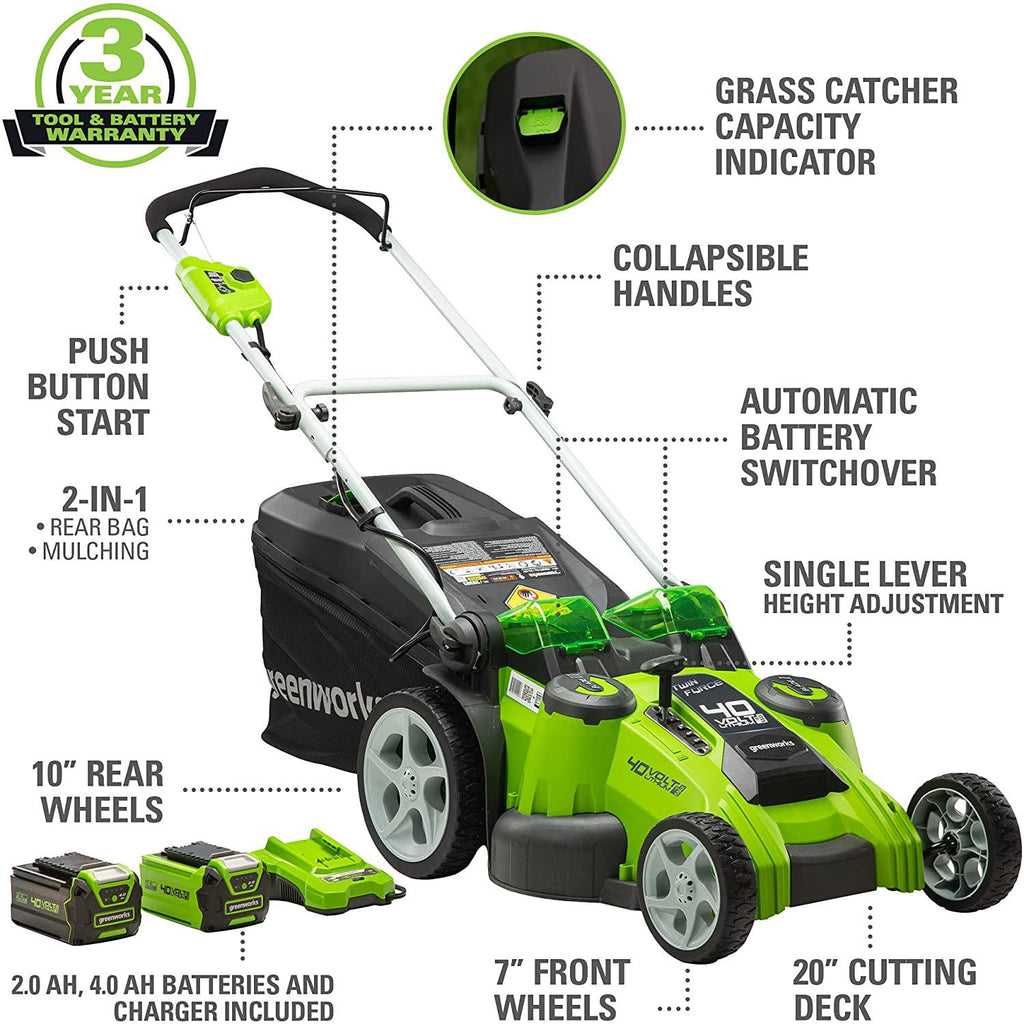 Greenworks 40V 20-Inch Cordless (2-In-1) Push Lawn Mower, 4.0Ah + 2.0Ah Battery and Charger Included 25302