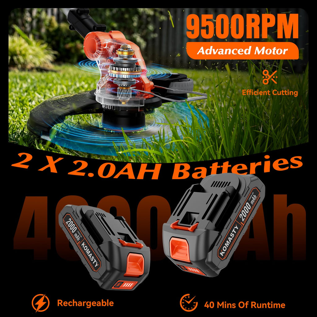 20V Electric Weed Wacker Cordless Edger Lawn Tool 2 X 2.0Ah Battery Powered Weed Eater with Charger, 12 Inch Lightweight String Trimmer, Auto Line Feed Grass Cutter Lawn Mower for Small Yard Orange