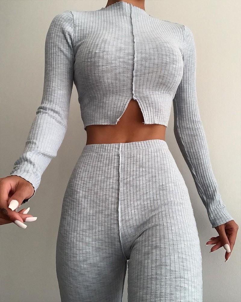 ribbed long sleeve crop top &amp; skinny pants set