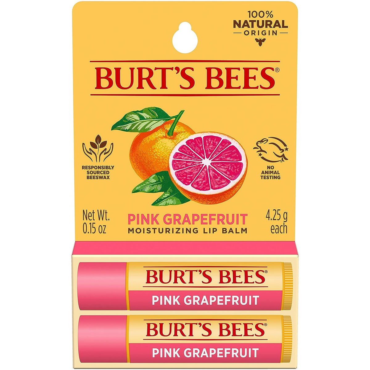 Burt's Bees Lip Balm, Moisturizing Lip Care, for All Day Hydration, 100% Natural, Pink Grapefruit with Beeswax &amp; Fruit Extracts (2 Pack)