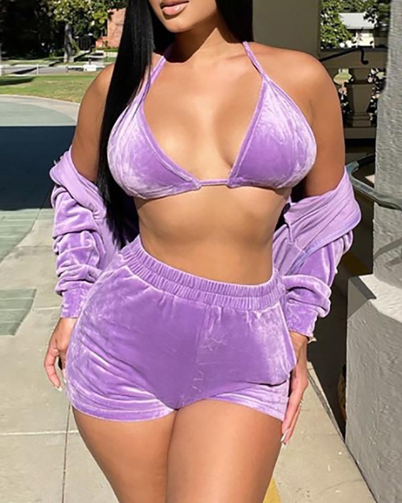 Zipper Design Hooded Coat &amp; Pocket Design Shorts Set With Bralette