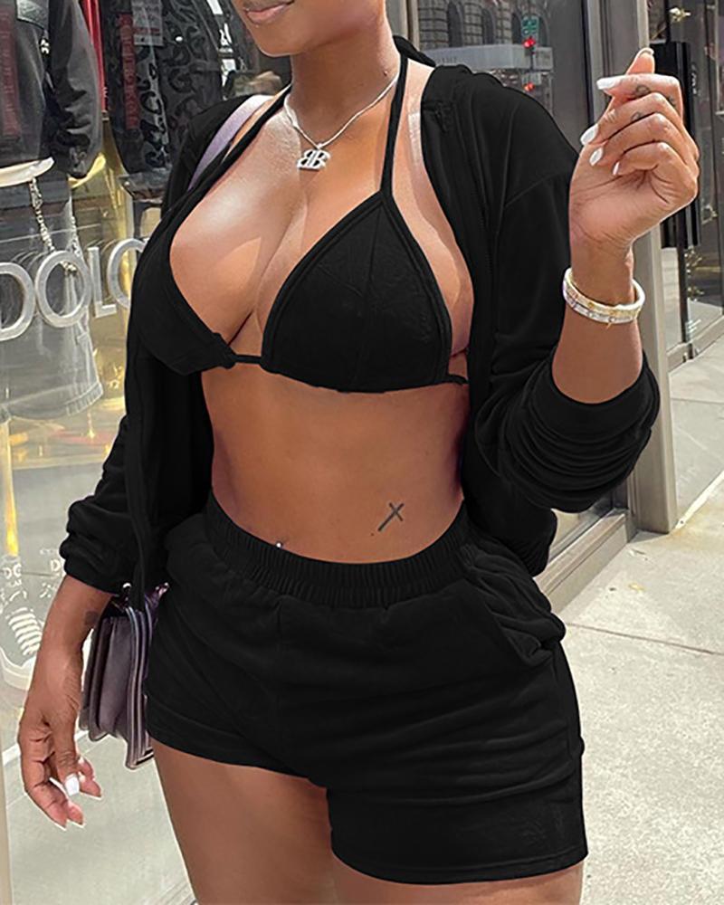 Zipper Design Hooded Coat &amp; Pocket Design Shorts Set With Bralette