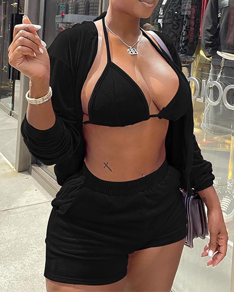 Zipper Design Hooded Coat &amp; Pocket Design Shorts Set With Bralette