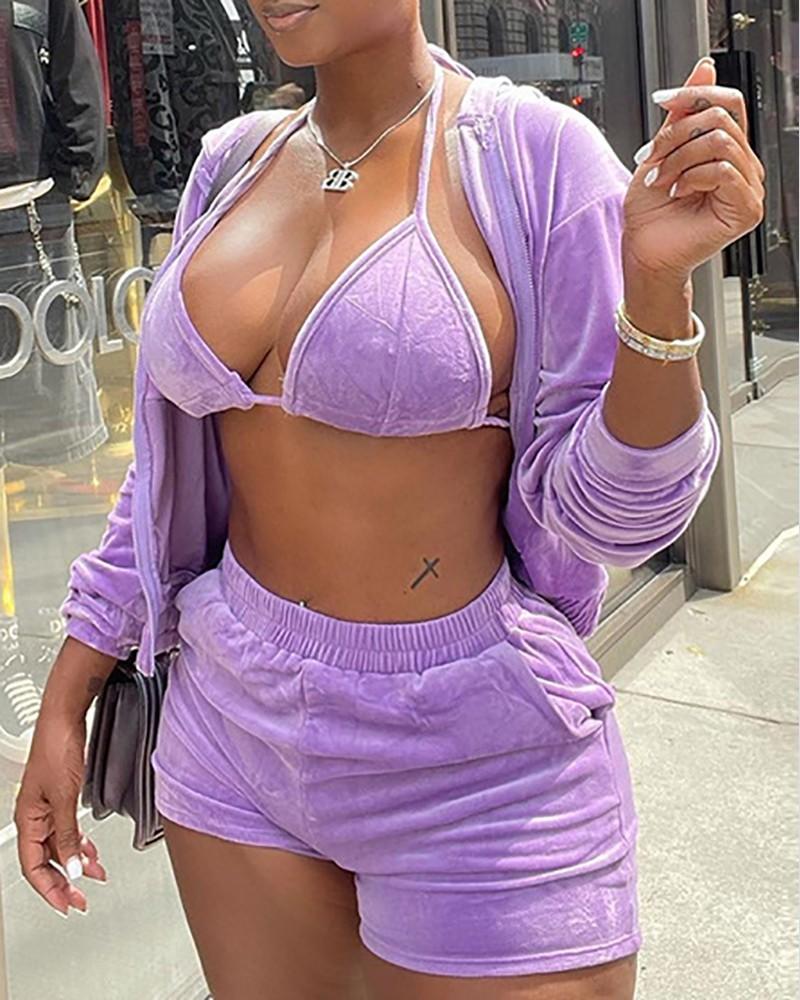 Zipper Design Hooded Coat &amp; Pocket Design Shorts Set With Bralette