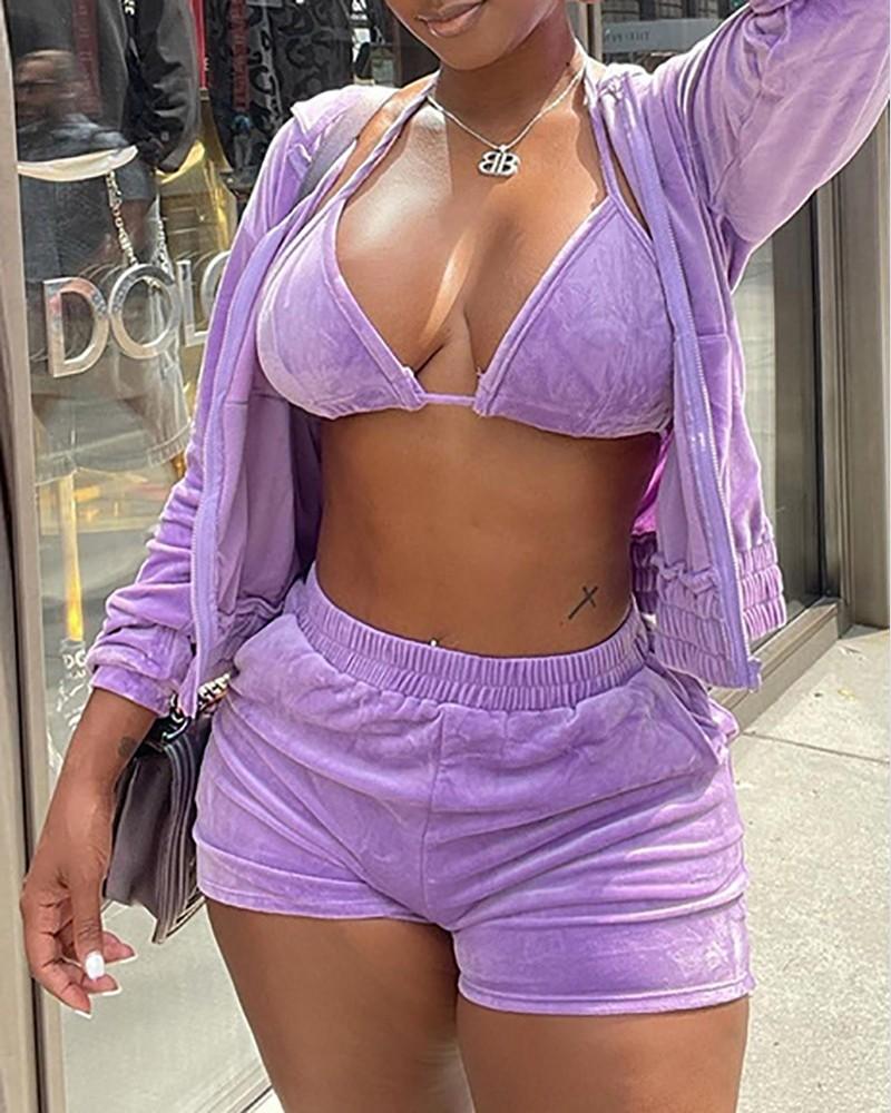 Zipper Design Hooded Coat &amp; Pocket Design Shorts Set With Bralette