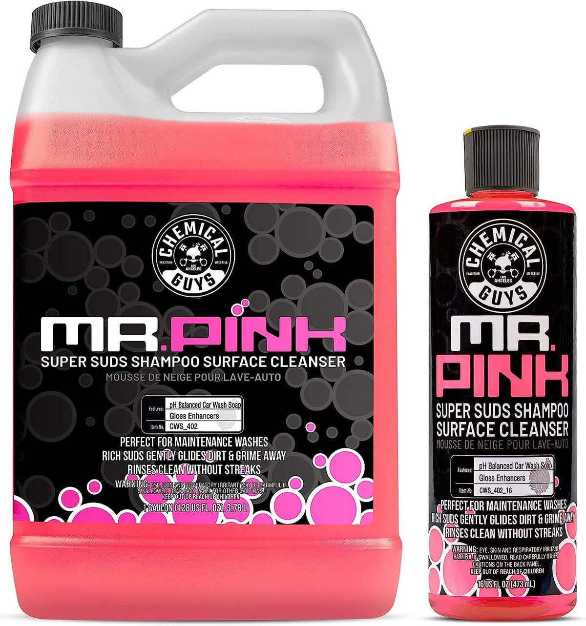 Chemical Guys CWS_402 Mr. Pink Car Wash Soap &amp; Refill Kit, 2 Bottles - (1) 16 oz and (1) Gallon (Works with Foam Cannons, Foam Guns or Bucket Washes) Safe for Cars, Trucks, Motorcycles, &amp; More, 144 oz