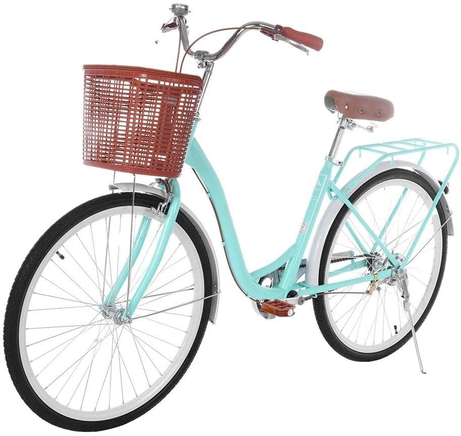 Tengma 26 Inch Women's Classic Beach Cruiser Bicycle Mountain Bike Frame Lady with Basket Retro Bicycle Beach Cruiser Bicycle Retro Bike,Seaside Travel Bicycle,Anti-Skid Wear-Resistant Tires