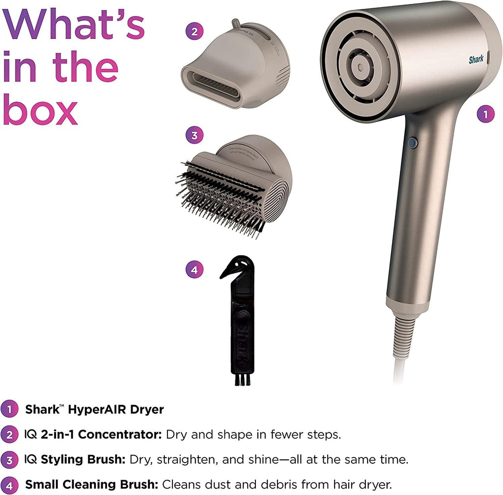 Shark HD112BRN Hair Blow Dryer HyperAIR Fast-Drying with IQ 2-in-1 Concentrator and Styling Attachments, Auto Presets, Rotatable Hot Air Brush, No Heat Damage, Ionic, Stone