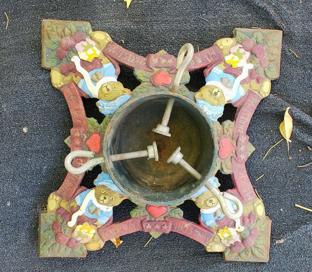 Antique Cast Iron MERRY CHRISTMAS COLORFUL Tree Stand Heavy Holiday 妫ｅ唭锕傚啯瀵