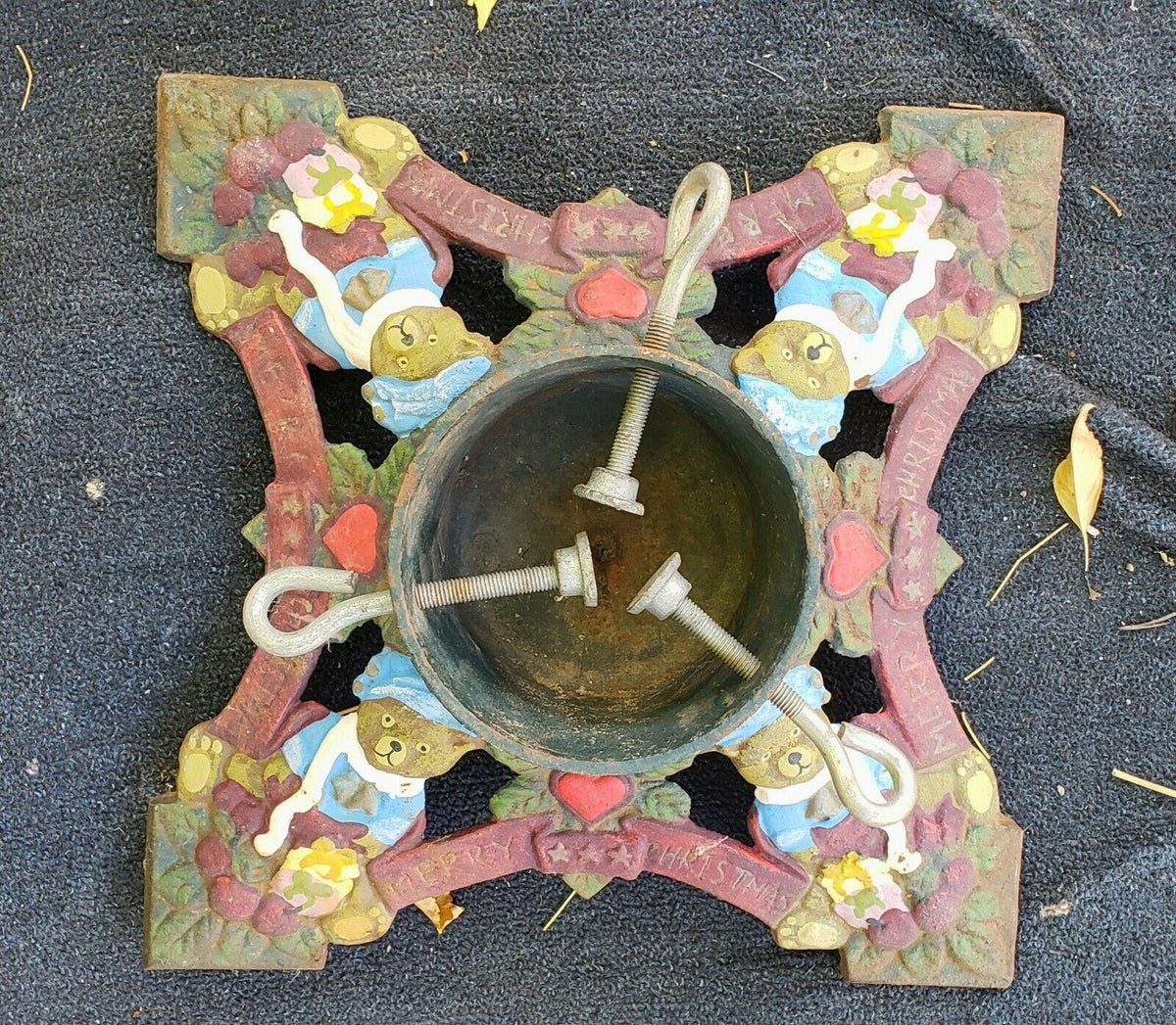 Antique Cast Iron MERRY CHRISTMAS COLORFUL Tree Stand Heavy Holiday 妫ｅ唭锕傚啯瀵