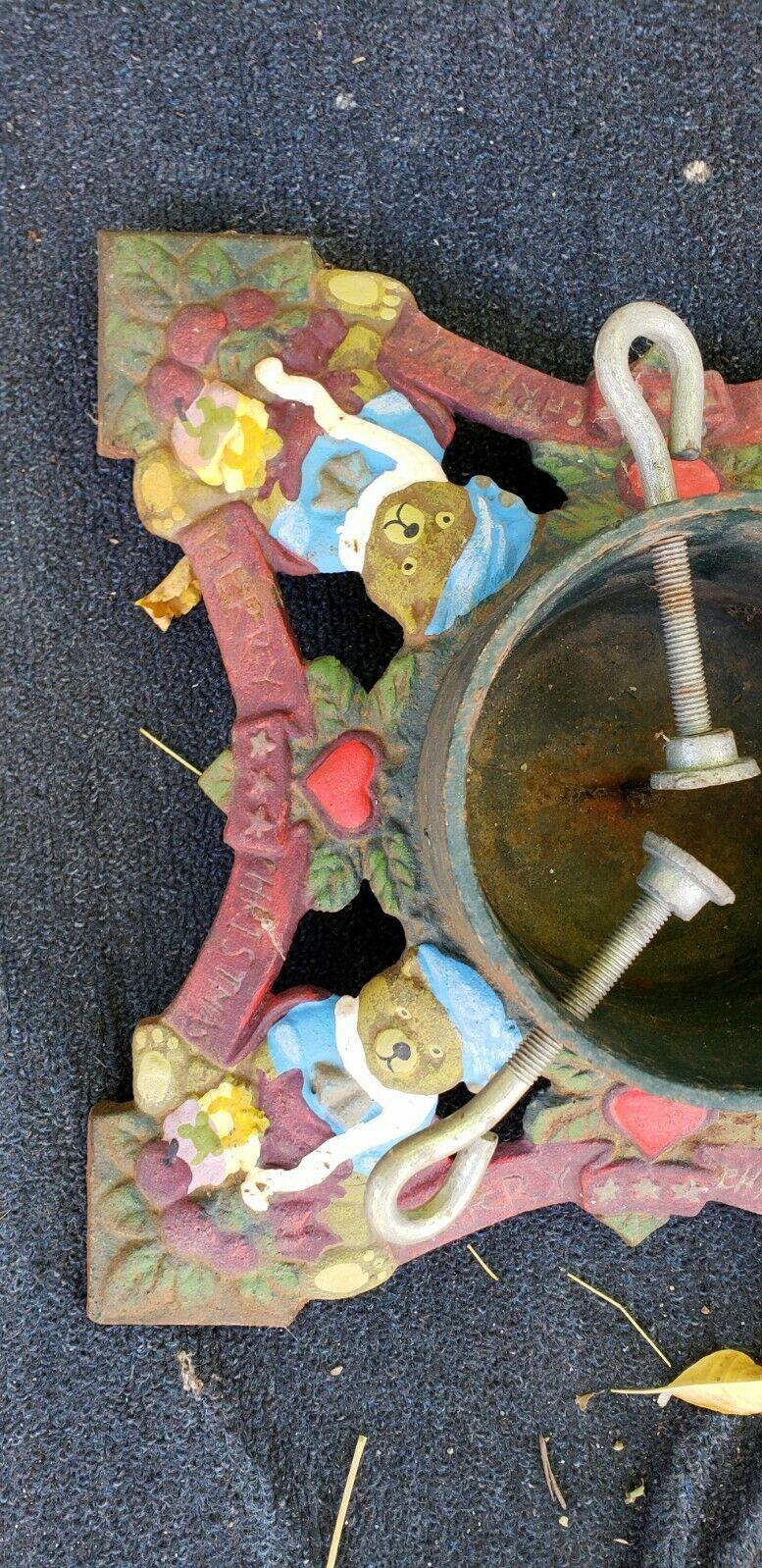 Antique Cast Iron MERRY CHRISTMAS COLORFUL Tree Stand Heavy Holiday 妫ｅ唭锕傚啯瀵