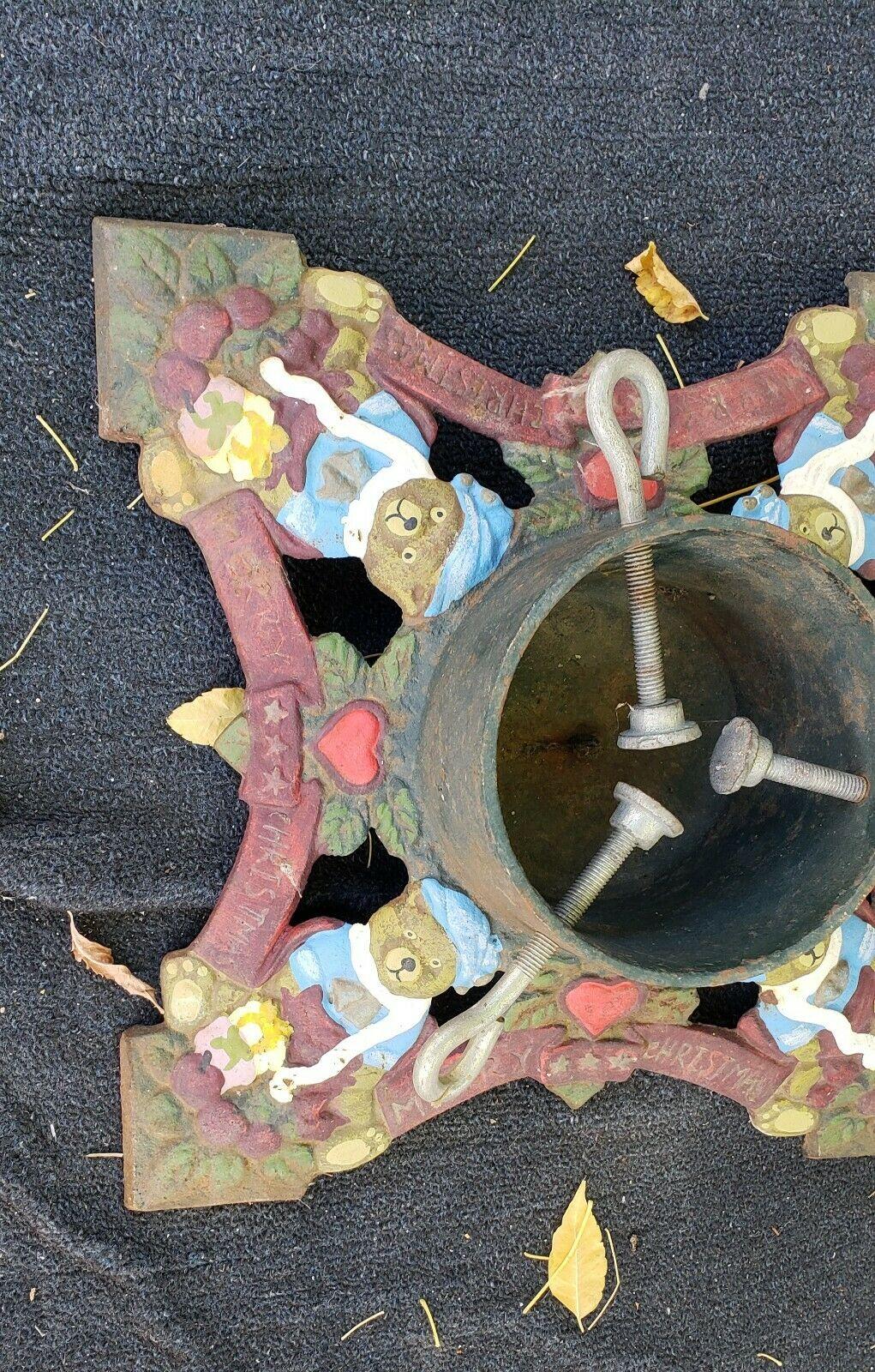 Antique Cast Iron MERRY CHRISTMAS COLORFUL Tree Stand Heavy Holiday 妫ｅ唭锕傚啯瀵
