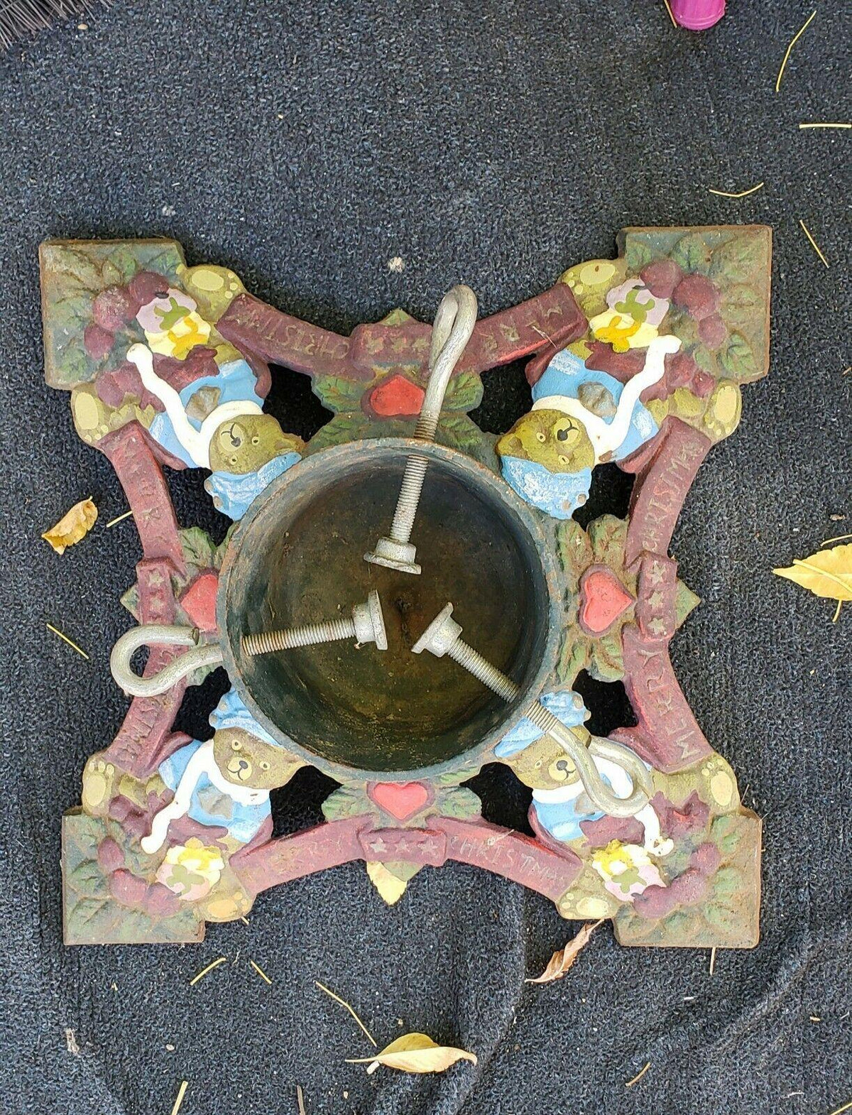 Antique Cast Iron MERRY CHRISTMAS COLORFUL Tree Stand Heavy Holiday 妫ｅ唭锕傚啯瀵