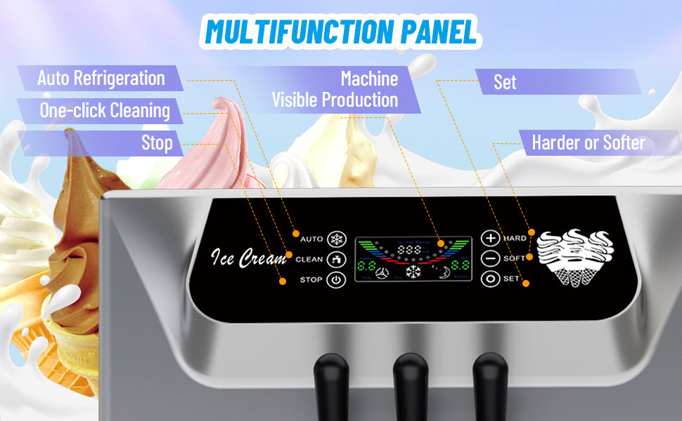 Commercial 2+1 Flavor Soft Ice Cream Machine, 5.8 to 8 gal Per Hour Soft Serve, 2200W  Steel Vertical Ice Cream Maker with Self-Cleaning, High Productivity, Perfect for Home and Snack Bar
