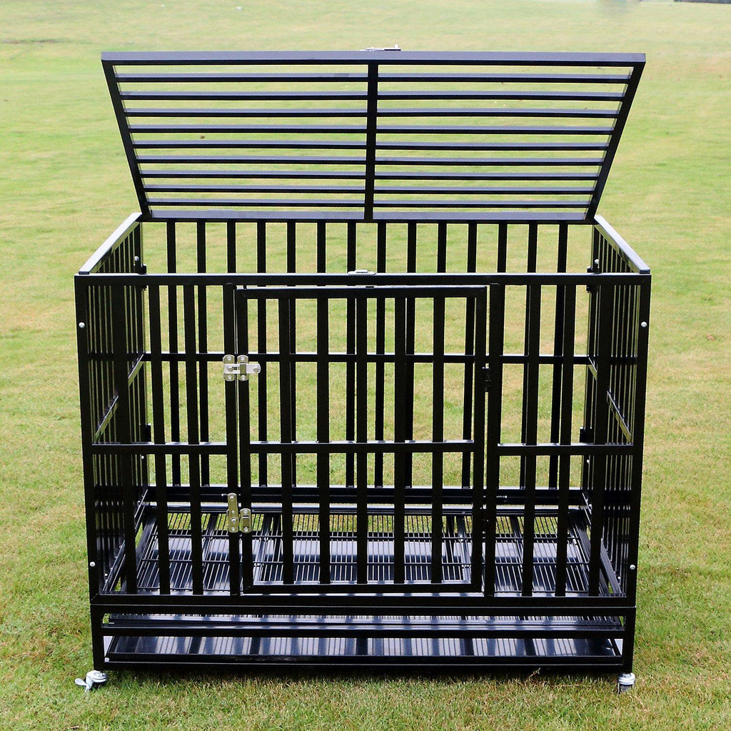 Sliverylake XXL 42'' Dog CaCrate Kennel - Heavy Duty Double Door Pet Caw/Metal Tray Wheels Exercise Playpen (42'', New-Square Bar Black)