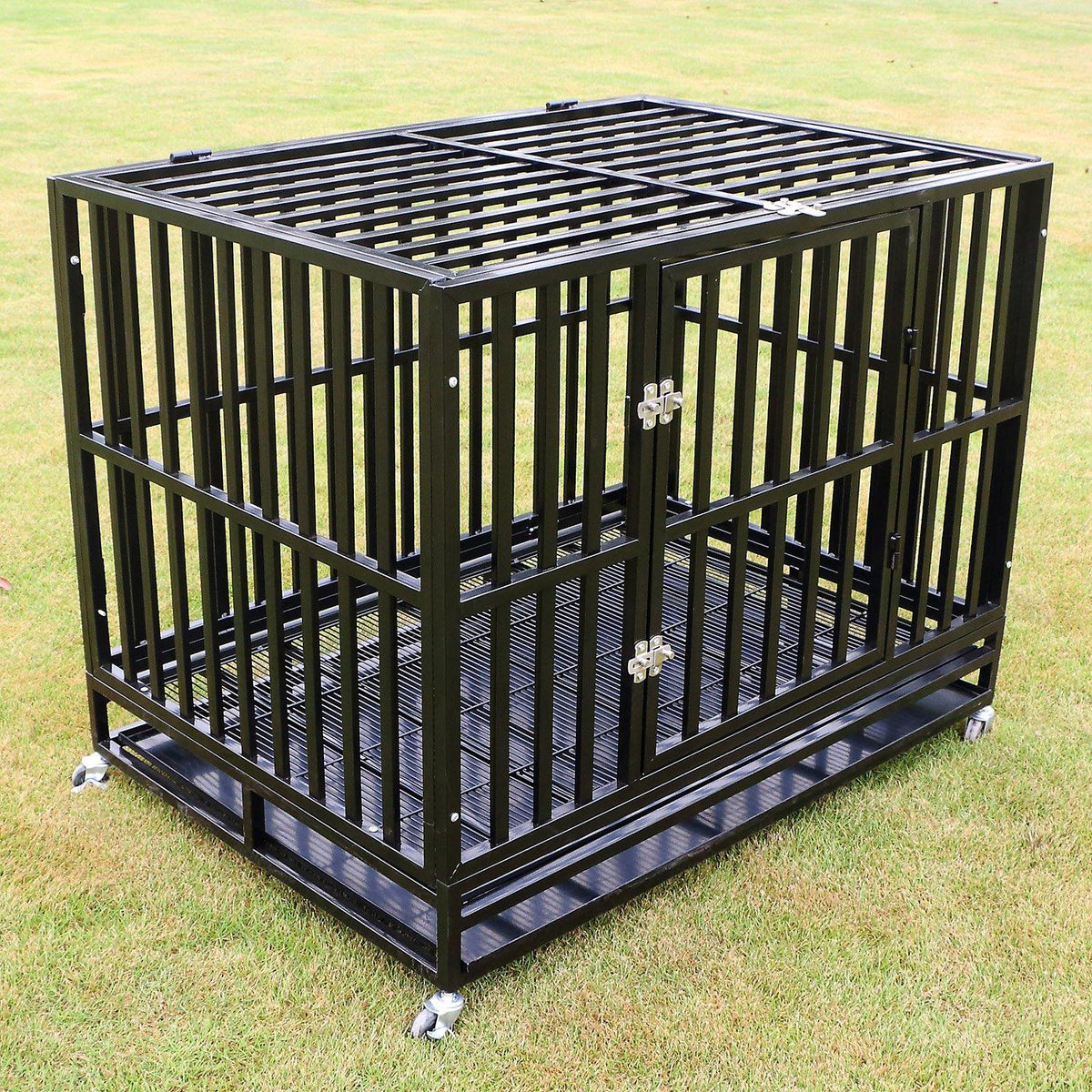 Sliverylake XXL 42'' Dog CaCrate Kennel - Heavy Duty Double Door Pet Caw/Metal Tray Wheels Exercise Playpen (42'', New-Square Bar Black)