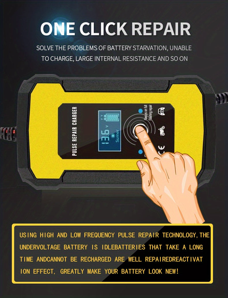 12V 6-Amp Intelligent Car Motorcycle Battery Charger: Smart Digital LCD Display, Pulse Repair & VRLA/AGM/Lead Acid Charging