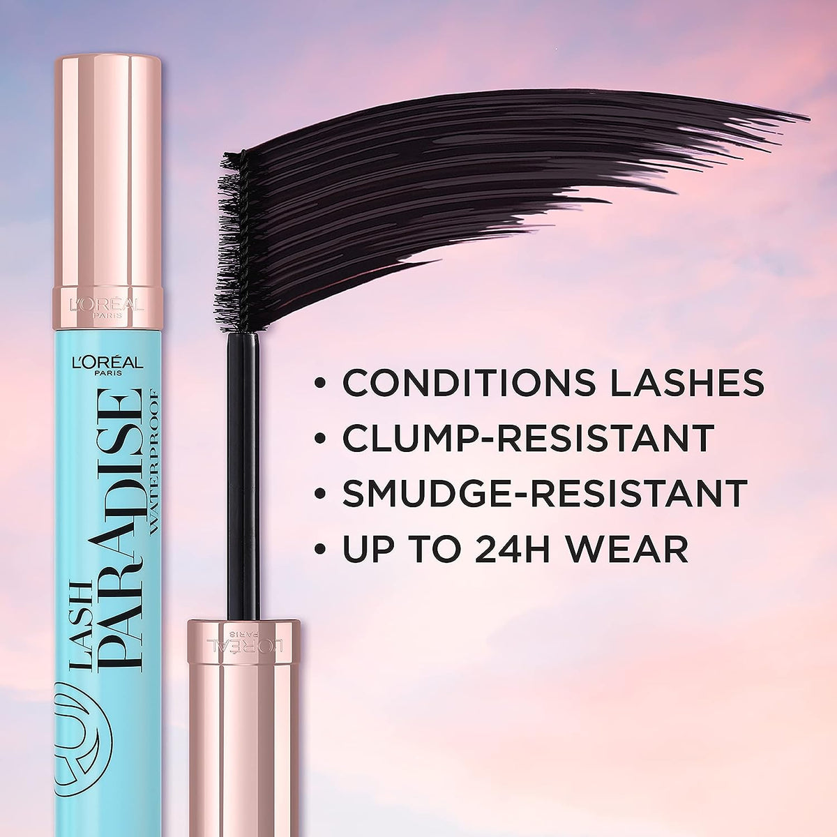 L'Oreal Paris Voluminous Makeup Lash Paradise Waterproof Mascara, Voluptuous Volume, Intense Length, Feathery Soft Full Lashes, No Smudging, No Clumping, Black, 0.25 Fl Oz (Pack of 2)