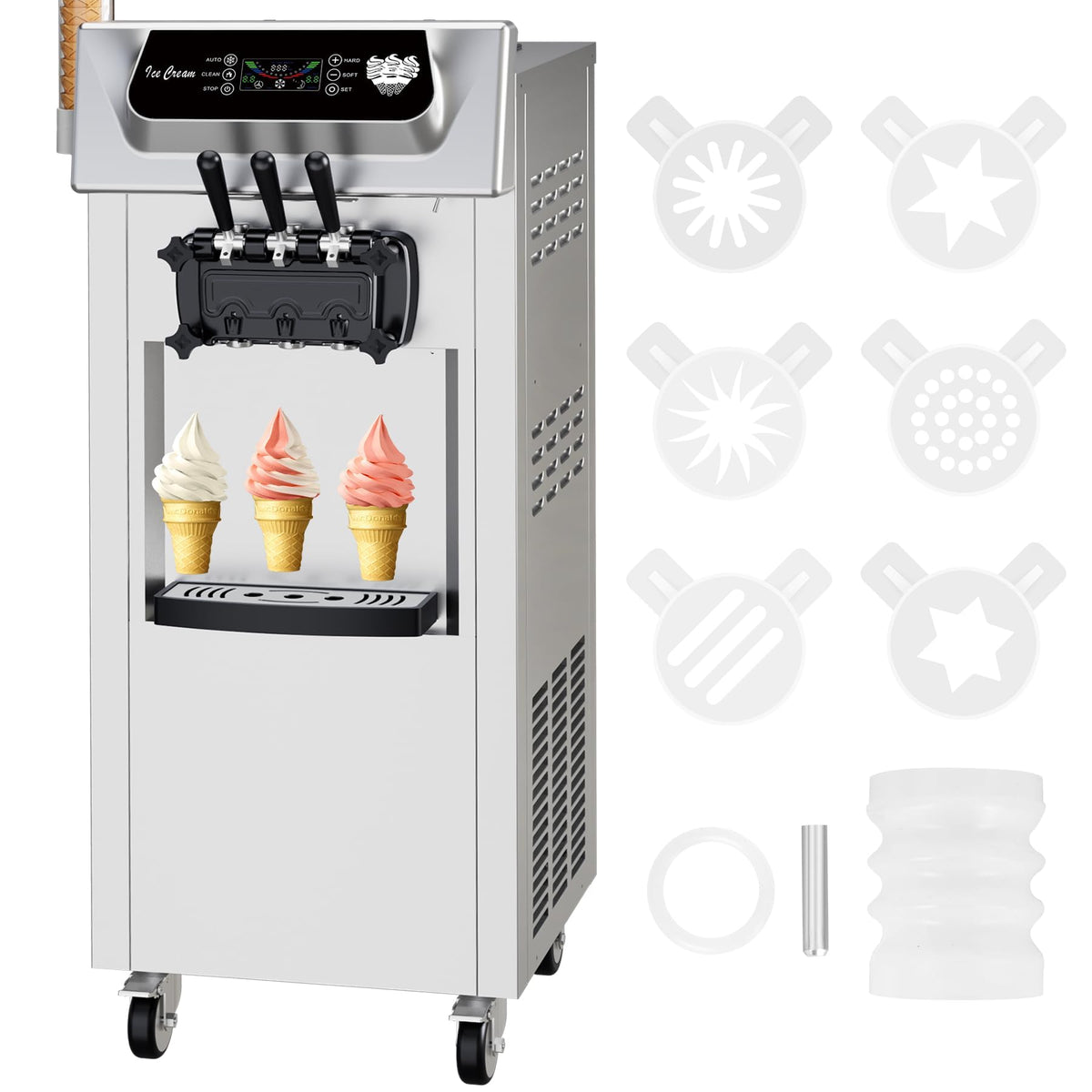 Commercial 2+1 Flavor Soft Ice Cream Machine, 5.8 to 8 gal Per Hour Soft Serve, 2200W  Steel Vertical Ice Cream Maker with Self-Cleaning, High Productivity, Perfect for Home and Snack Bar