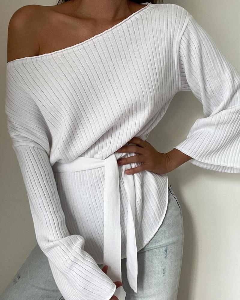 Solid Flared Sleeves Ribbed Knit Belted Top