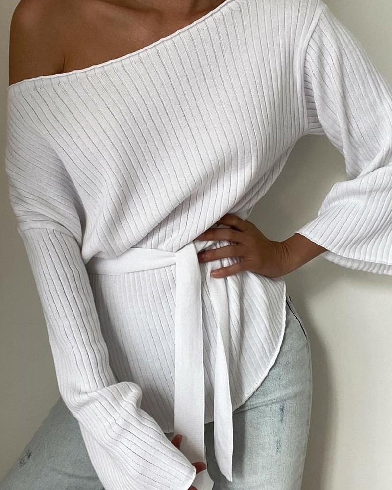 Solid Flared Sleeves Ribbed Knit Belted Top