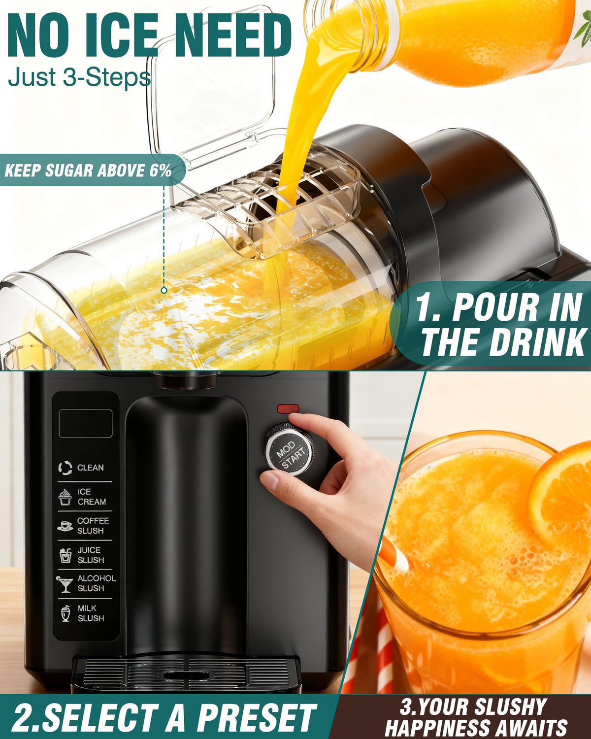 2-in-1 Slushie Machine – 72 oz Black Frozen Drink Machines with 6 Preset Modes, No Ice Needed, Quiet and Simple Knob Operation, Frozen Drink Maker for Ice Cream, Margarita & Slushy
