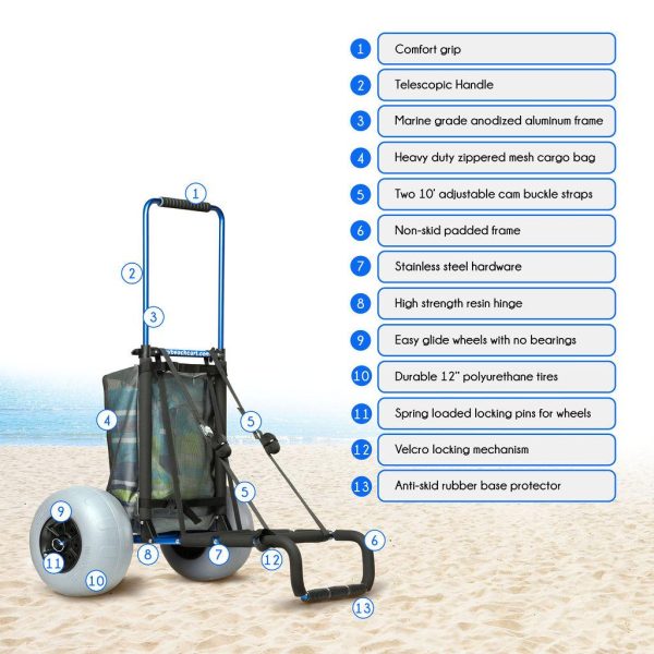 my beach cart heavy duty folding beach cart with big wheels and balloon tires to glide over sand