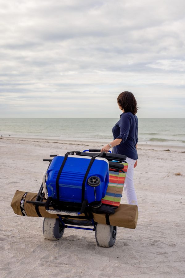 my beach cart heavy duty folding beach cart with big wheels and balloon tires to glide over sand