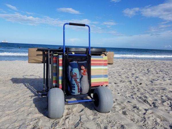 my beach cart heavy duty folding beach cart with big wheels and balloon tires to glide over sand